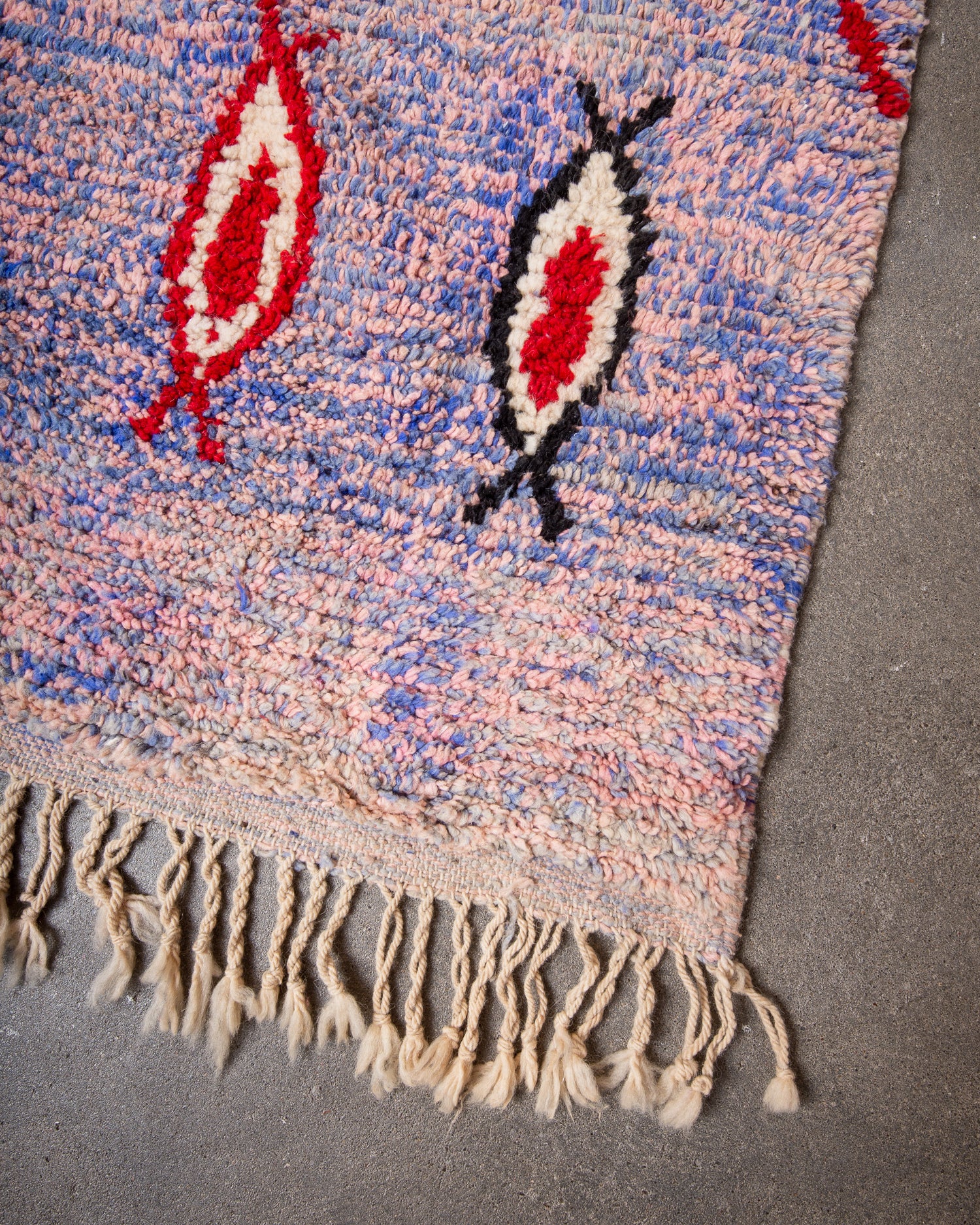 Modern, designer, handcrafted Berber rug from Morocco. Vintage carpet with beautiful colours and patterns and fluffy texture.